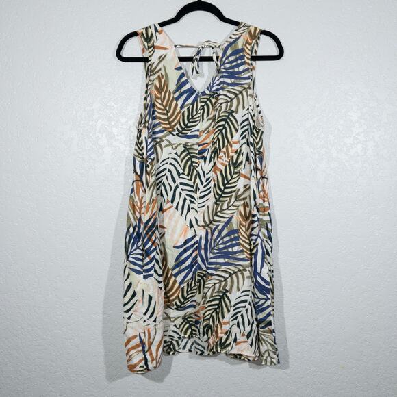 New Tahari Cream Leaf Printed Linen Shift Dress Size Medium - Picture 4 of 5